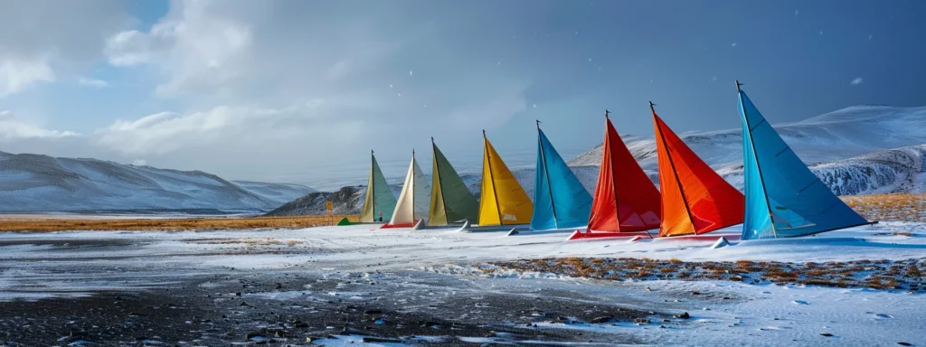 a vibrant winter landscape showcases colourful sail shades standing resilient against a backdrop of crisp, snowy terrain, illuminated by soft, diffused sunlight breaking through overcast skies.