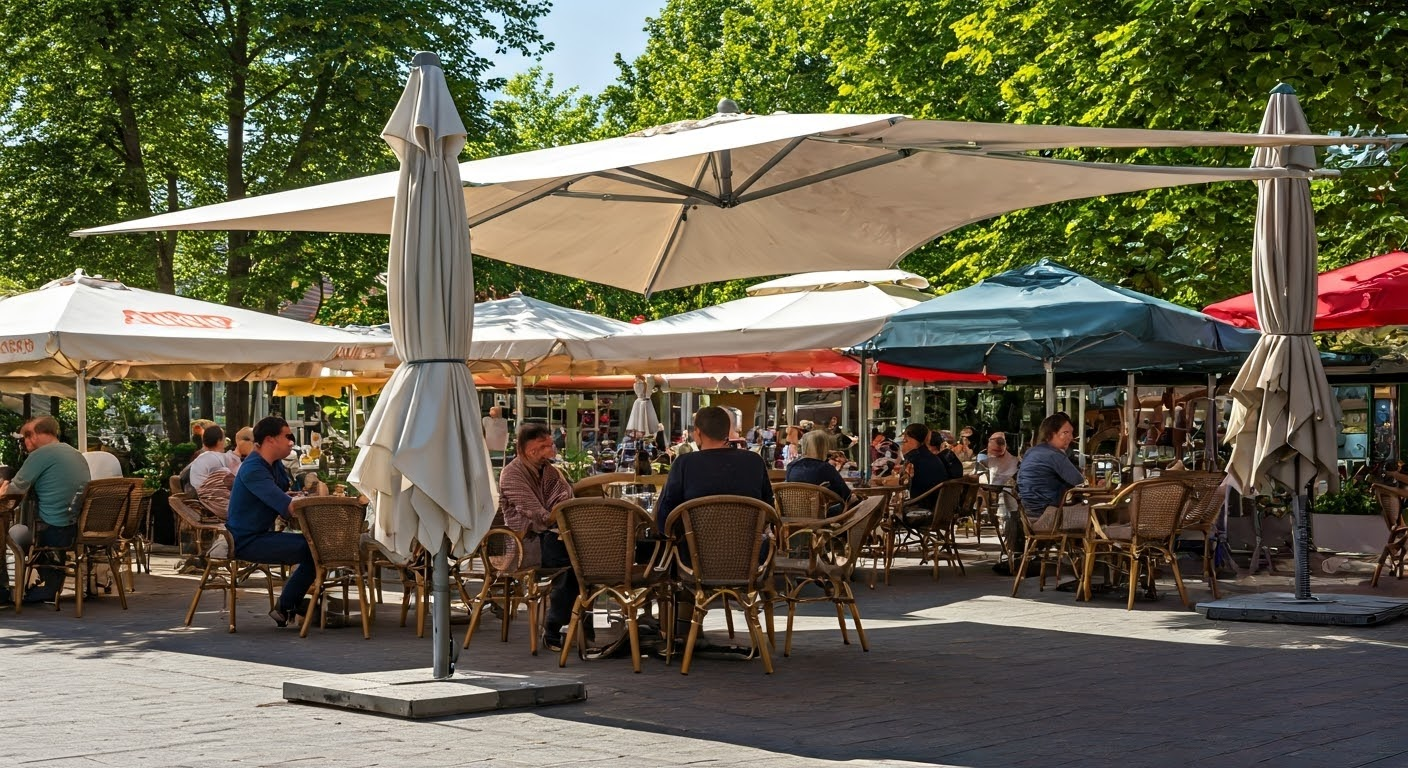 Outdoor cafe with commercial parasols