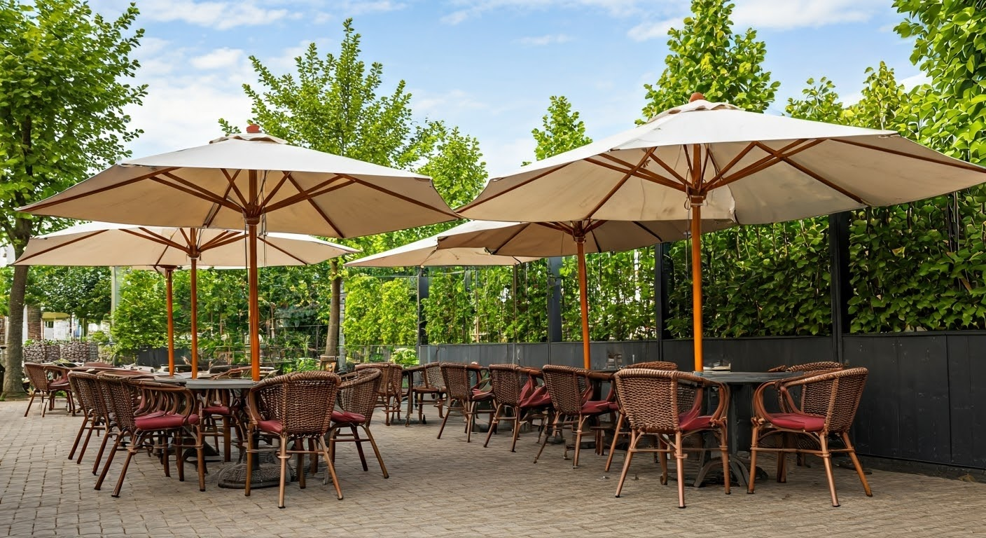 Outdoor cafe with stylish commercial parasols