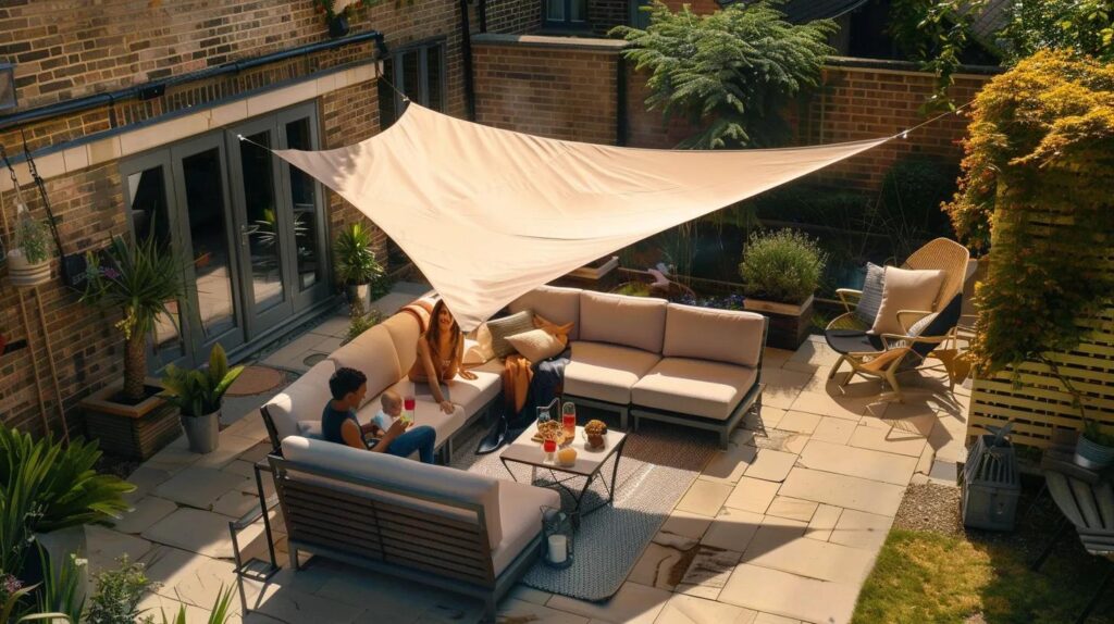 a contemporary uk garden patio is elegantly shaded by a stylish beige sun sail, creating a sophisticated outdoor seating area where a family enjoys refreshing drinks under soft ambient lighting on a sunlit summer day.