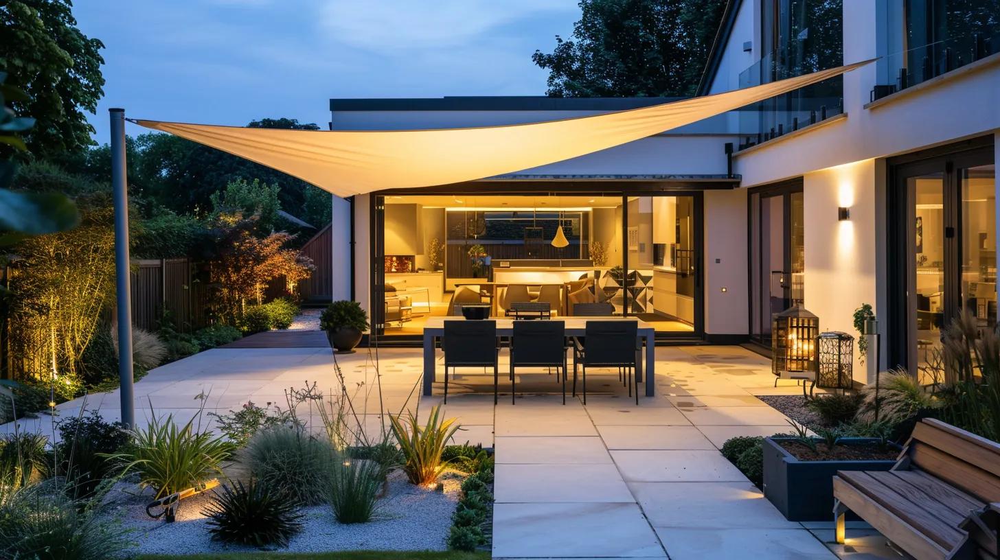 a contemporary uk garden showcases a stylish beige sun sail stretched elegantly over a chic patio seating area, where a family enjoys refreshing drinks in the soft ambient lighting on a vibrant summer day.