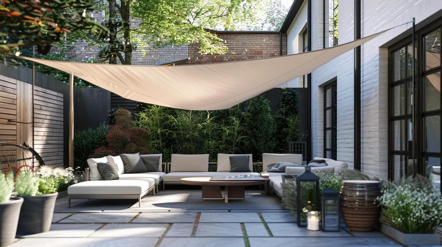 a sleek, contemporary outdoor patio features a stylish beige sun sail shade elegantly stretched over a modern seating area, highlighting the quality materials and design that embody both comfort and sophistication in a bustling uk garden setting. Shade Canopies