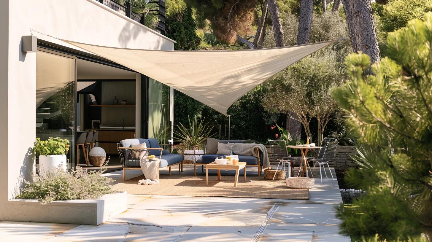 a sleek, contemporary summer garden features a professionally installed beige sun sail shade elegantly draped over a stylish patio seating area, creating a comfort-focused oasis as a family enjoys refreshments in the inviting, shaded space.